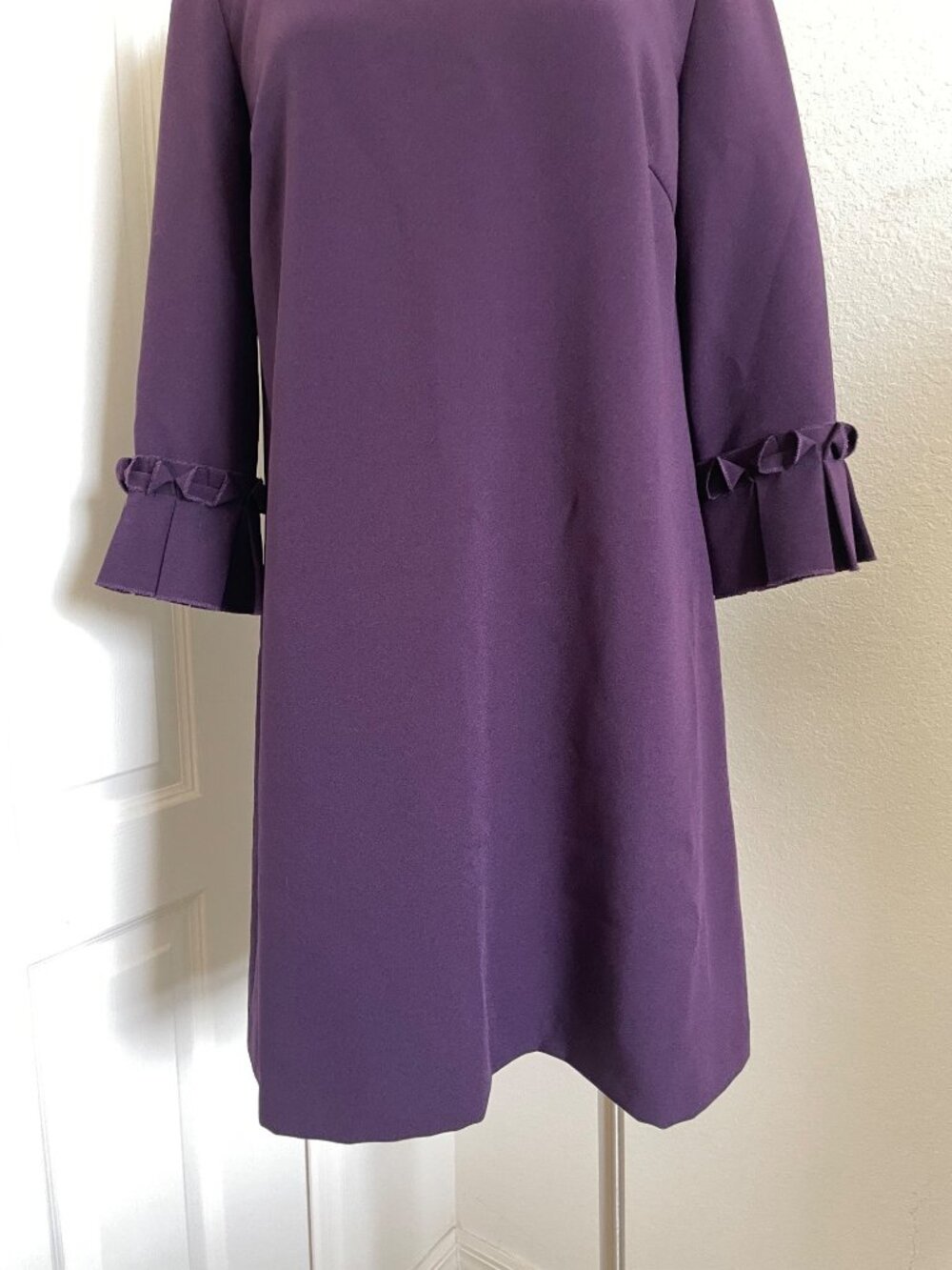 Tahari ASL Embellished Neck Stretch Crepe Mini Dress Pleated Bell Sleeves 10 - Picture 7 of 13
